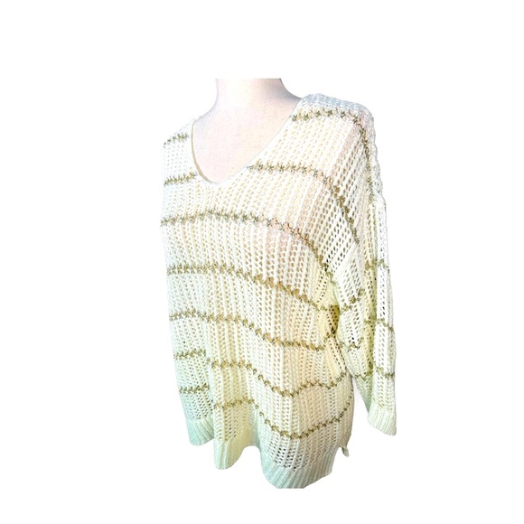 NWT Chico’s Off White 3/4 sleeve open weave sweater with metallic stripe//Size 1 - Picture 2 of 7
